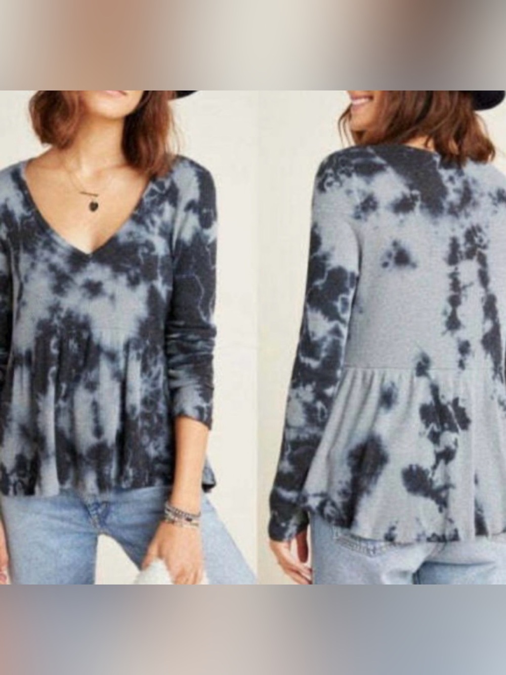 T.La Black & Gray Tie-Dye V-Neck Peplum Long Sleeve Top